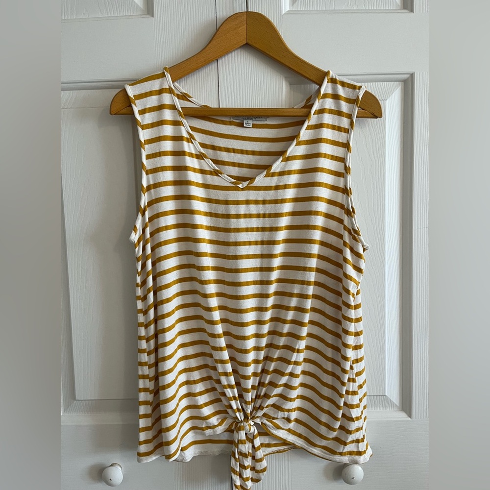 Green Envelope Yellow Striped Sleeveless Tie Front Tank Top (sz Large)